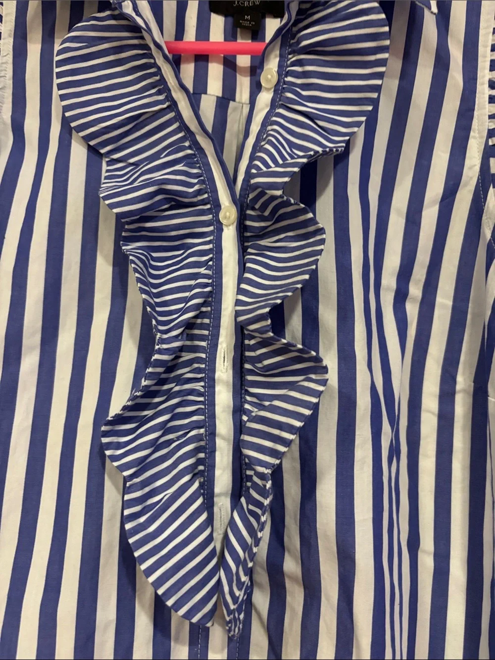 J. Crew Blue and White Striped Ruffle Sleeveless Button-Down Shirt